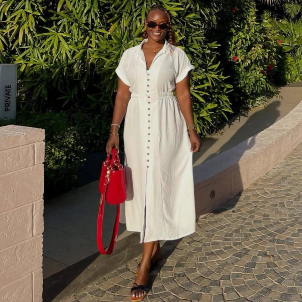 ZARA Solid Short Sleeve Single Breasted Cardigan Maxi Dress African Waist Casual